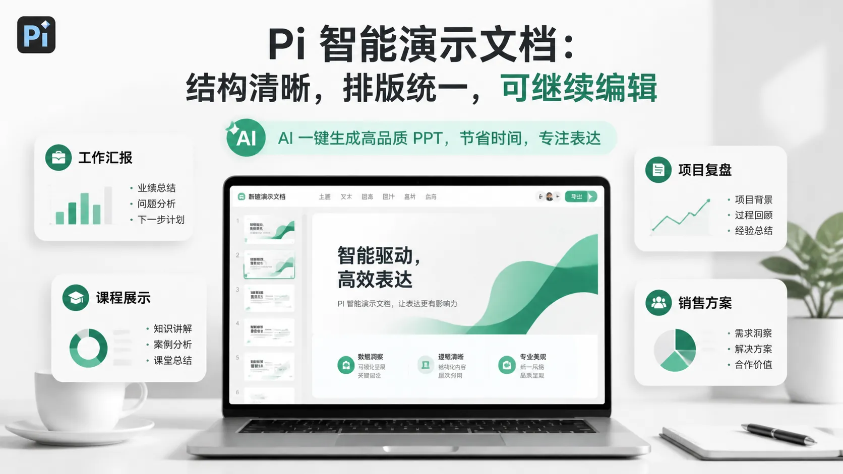 Pi 智能演示文档帮助职场和学生用户生成结构清晰的 PPT 初稿